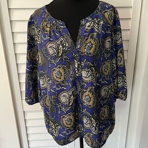 LOFT Blue and Gold 3/4 Sleeve Boxy Blouse